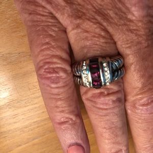 Silver, amethyst crystals and clear crystals ring